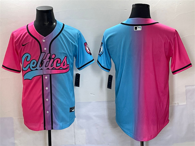 Men's Boston Celtics Blank Pink/Blue Limited Stitched Baseball Jersey